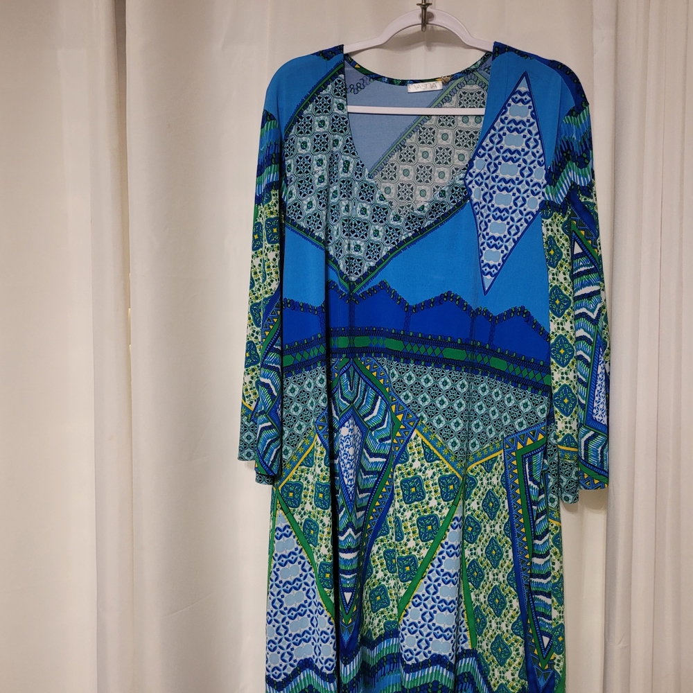 Vibrant Blue & Green Patterned V-Neck Dress